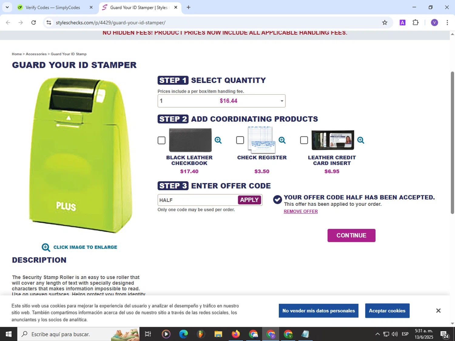 Styles Check Company promo code screenshot showing code HALF applied at Styles Check Company checkout page. Uploaded by SimplyCodes community member Satoru_gojo on Jun 13, 2025