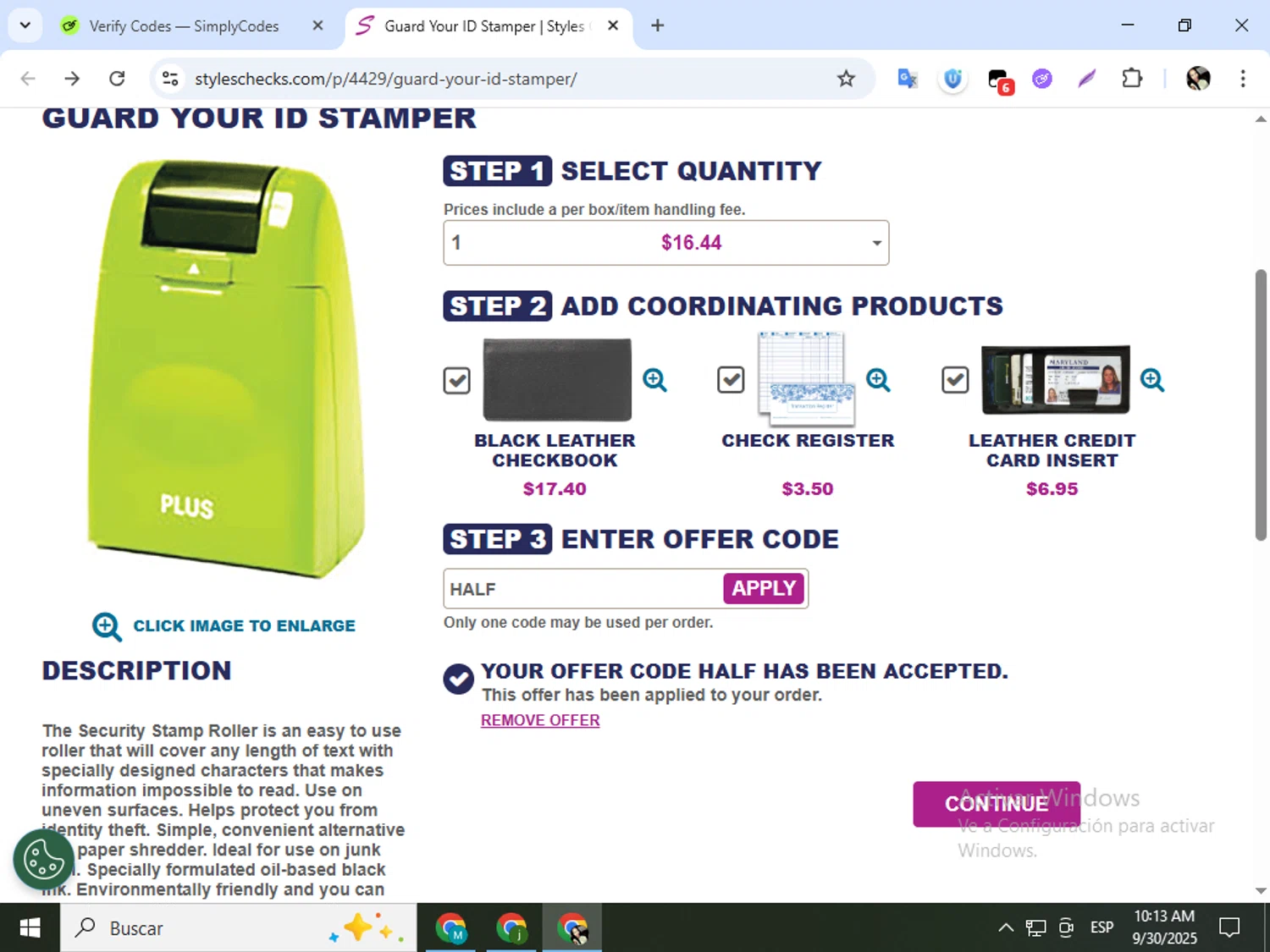 Styles Check Company promo code screenshot showing code HALF applied at Styles Check Company checkout page. Uploaded by SimplyCodes community member mariapolancog on Sep 30, 2025