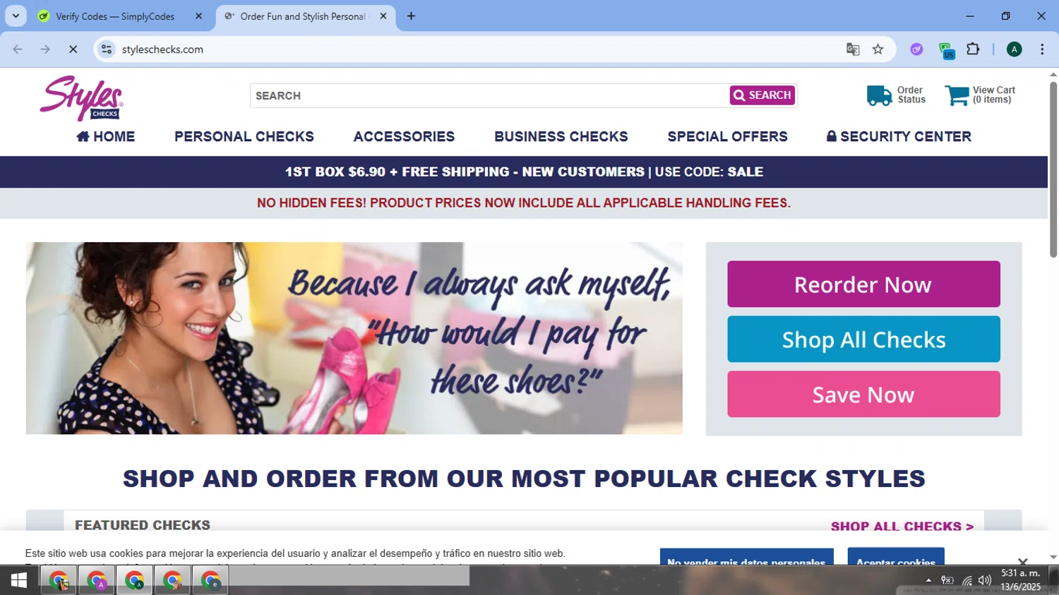 Styles Check Company promo code screenshot showing code SALE applied at Styles Check Company checkout page. Uploaded by SimplyCodes community member FrugalMaverick6013 on Jun 13, 2025