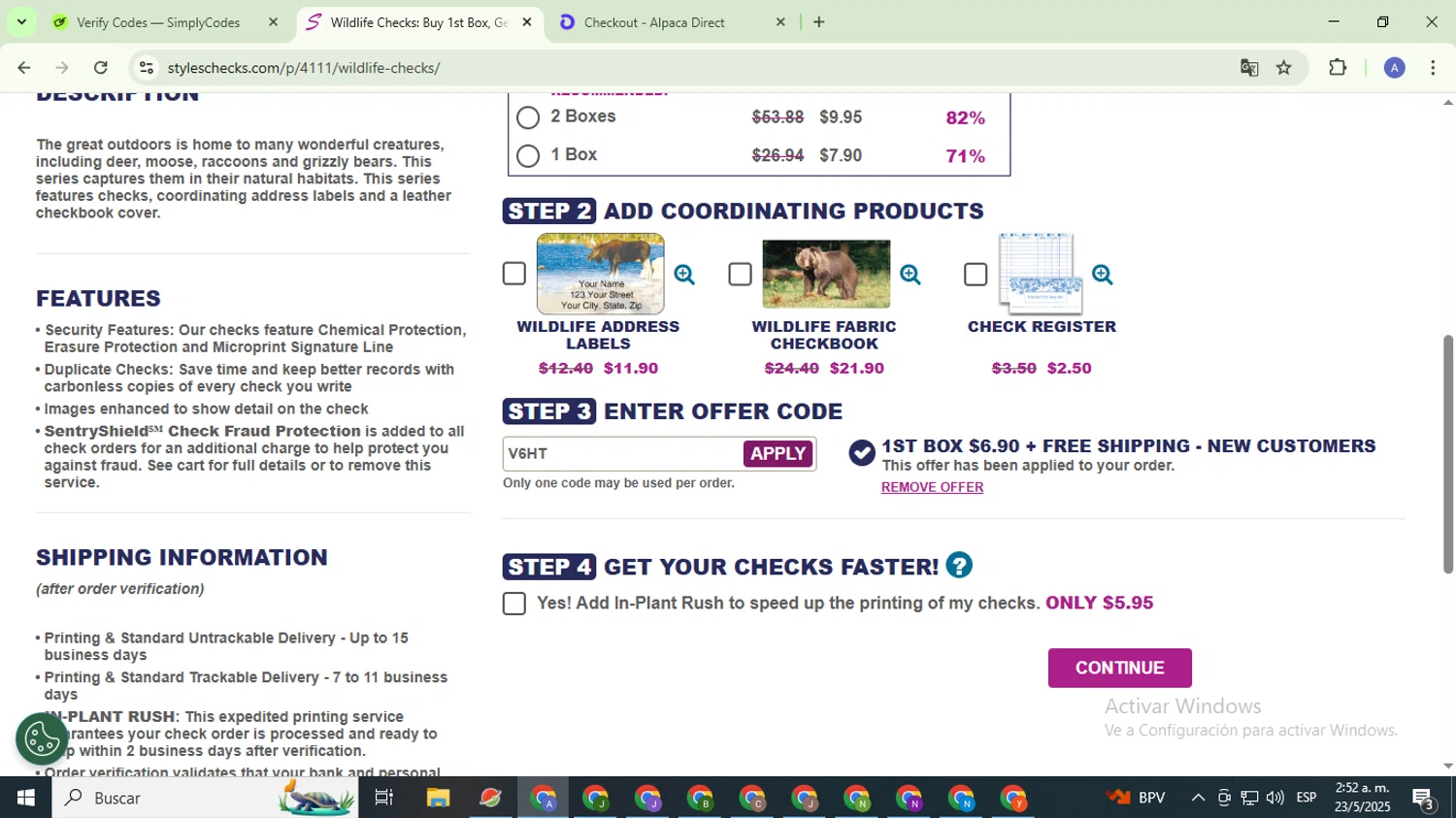 Styles Check Company promo code screenshot showing code V6HT applied at Styles Check Company checkout page. Uploaded by SimplyCodes community member TreasureCaptain5531 on May 23, 2025
