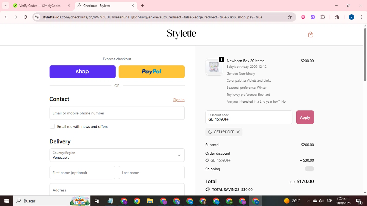 Stylette promo code screenshot showing code GET15%OFF applied at Stylette checkout page. Uploaded by SimplyCodes community member CrownTitan5376 on Sep 20, 2025
