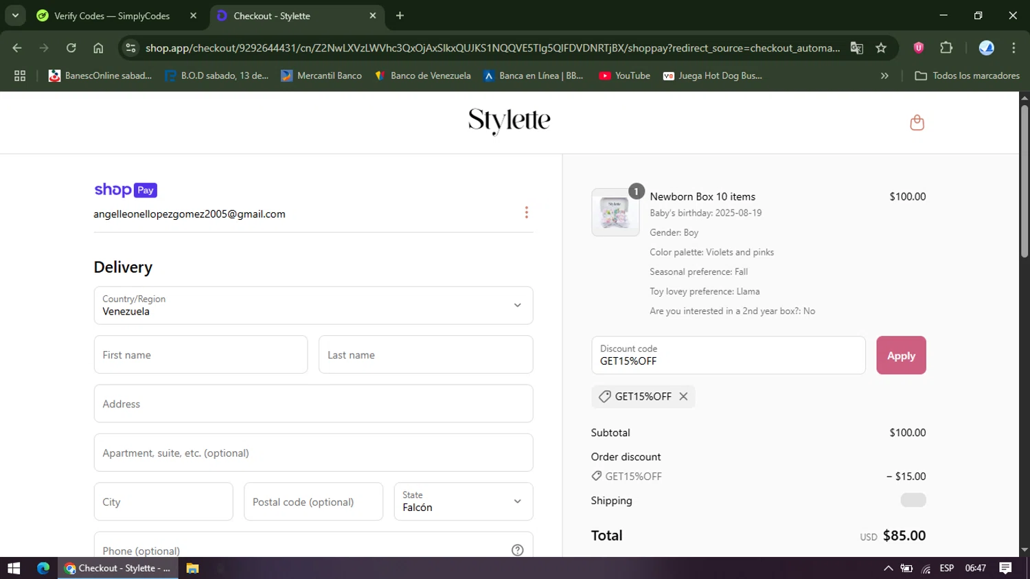 Stylette promo code screenshot showing code GET15%OFF applied at Stylette checkout page. Uploaded by SimplyCodes community member TreasureShopper9156 on Jun 18, 2025