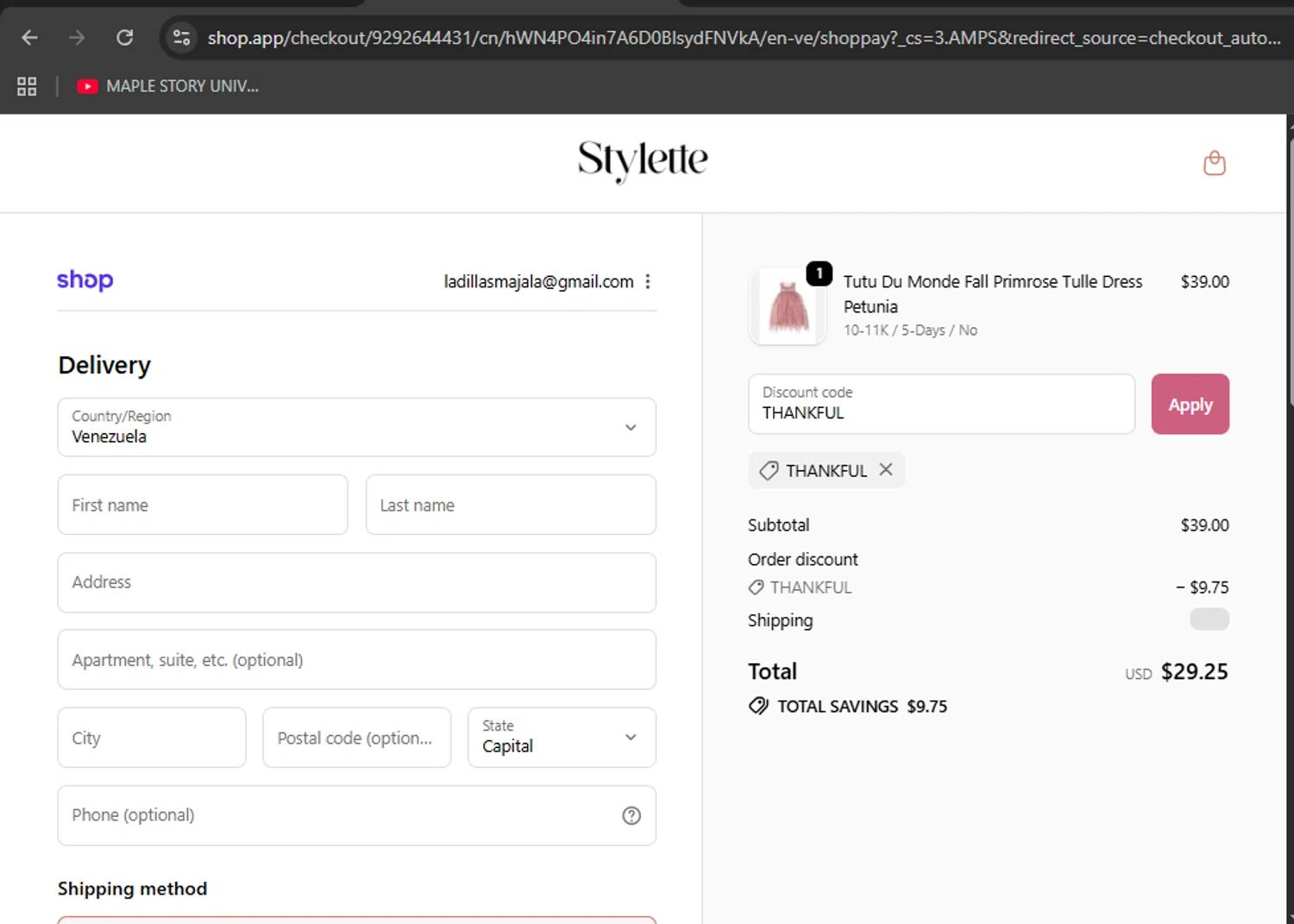 Stylette promo code screenshot showing code THANKFUL applied at Stylette checkout page. Uploaded by SimplyCodes community member BudgetTiger2988 on Oct 22, 2025
