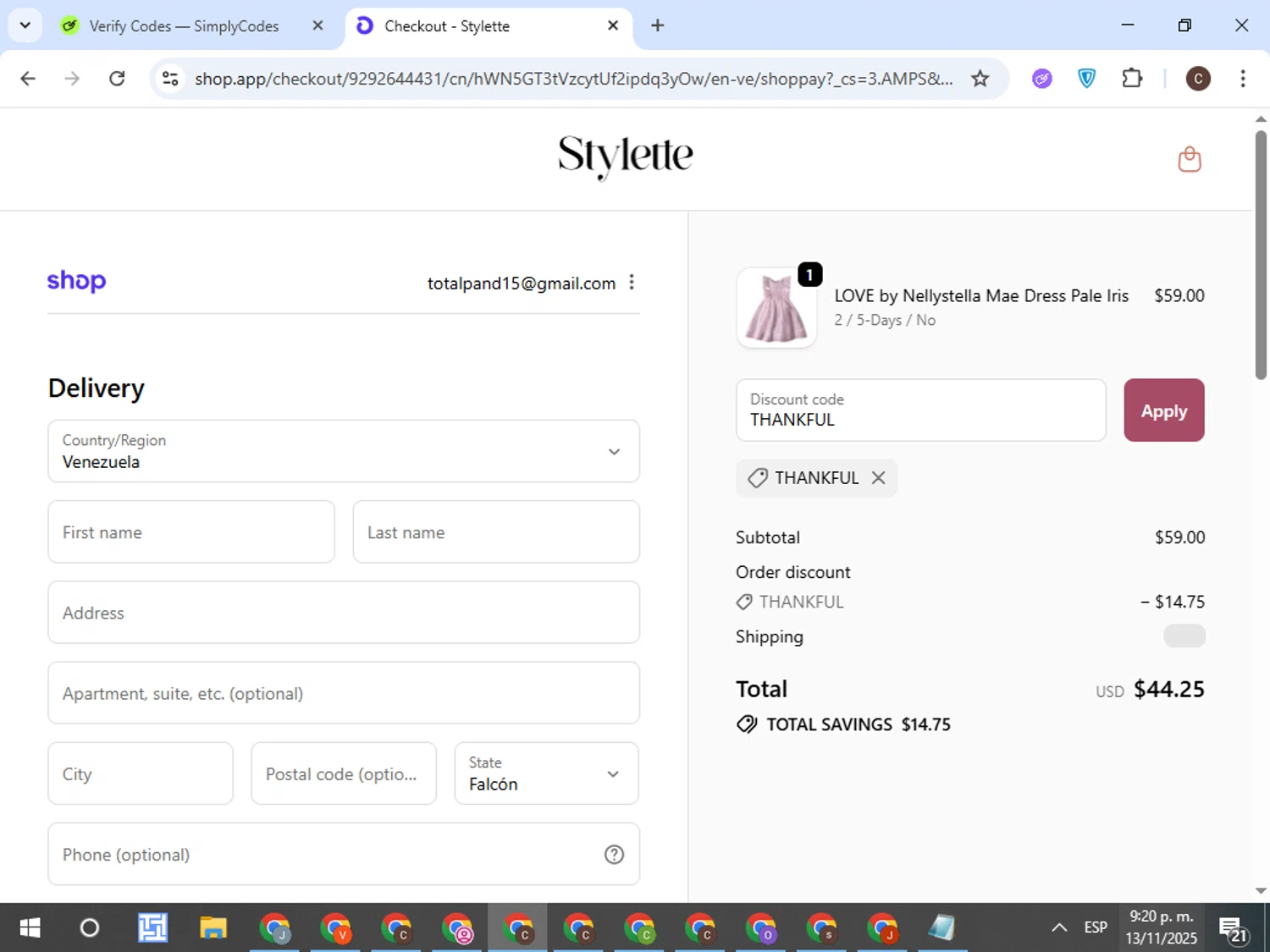 Stylette promo code screenshot showing code THANKFUL applied at Stylette checkout page. Uploaded by SimplyCodes community member TreasureFox8596 on Nov 14, 2025