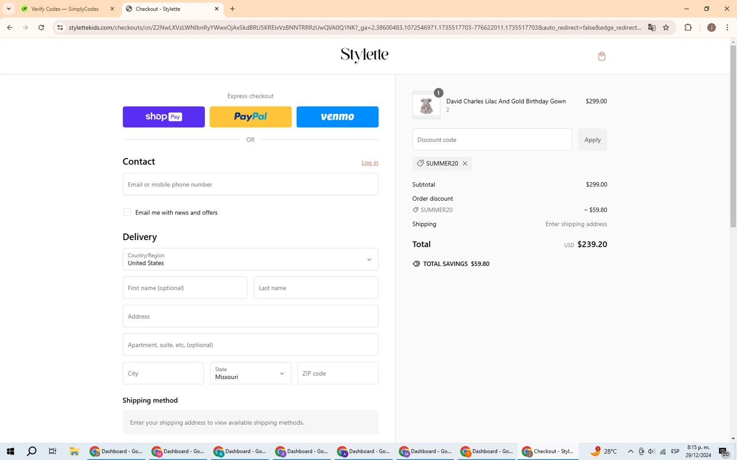 Stylette promo code screenshot showing code SUMMER20 applied at Stylette checkout page. Uploaded by SimplyCodes community member GoldChaser6000 on Dec 30, 2024