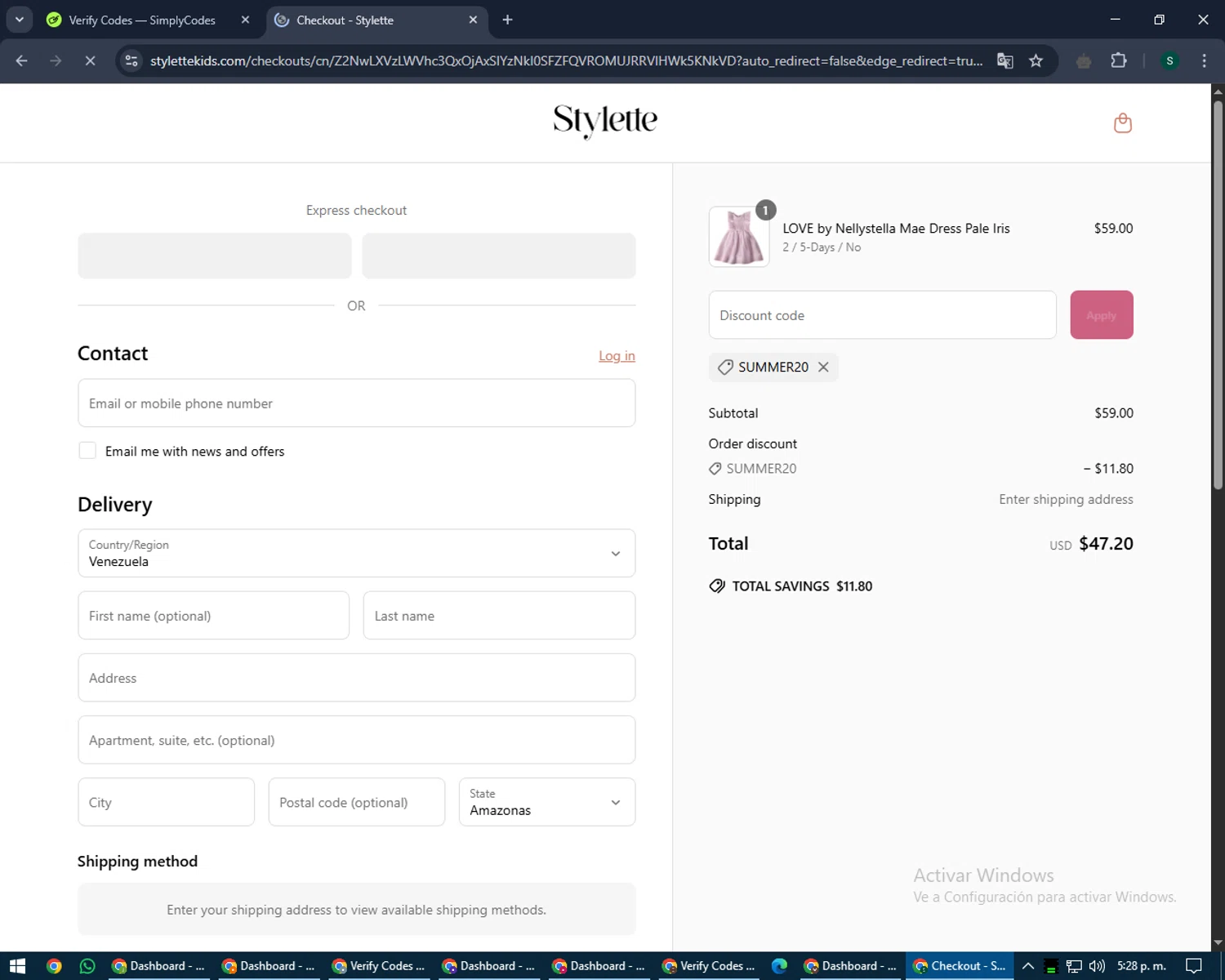 Stylette promo code screenshot showing code SUMMER20 applied at Stylette checkout page. Uploaded by SimplyCodes community member lilMosey on May 12, 2025
