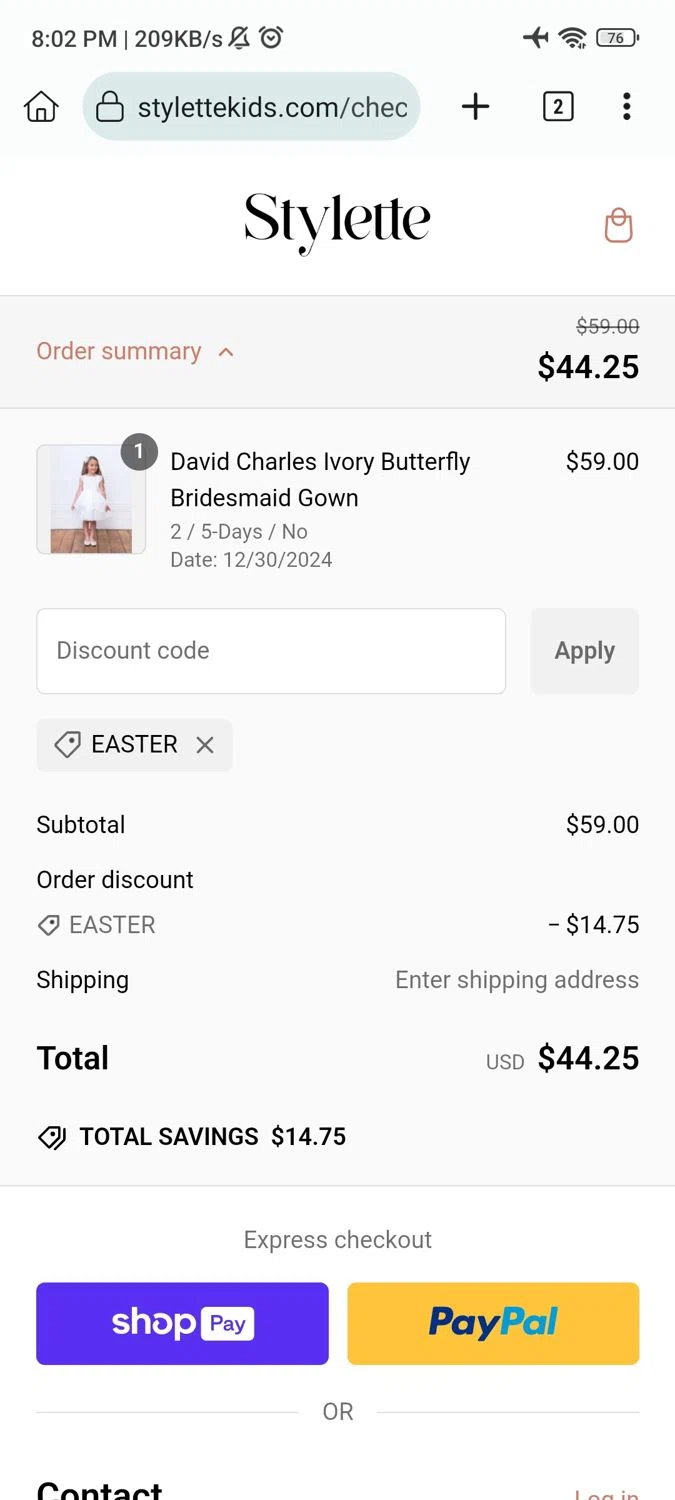 Stylette promo code screenshot showing code EASTER applied at Stylette checkout page. Uploaded by SimplyCodes community member GoldAdmiral5202 on Dec 30, 2024