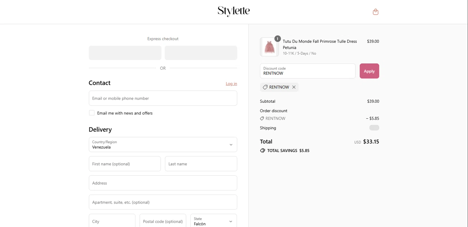 Stylette promo code screenshot showing code RENTNOW applied at Stylette checkout page. Uploaded by SimplyCodes community member BrillianteMaestro892 on Sep 3, 2025