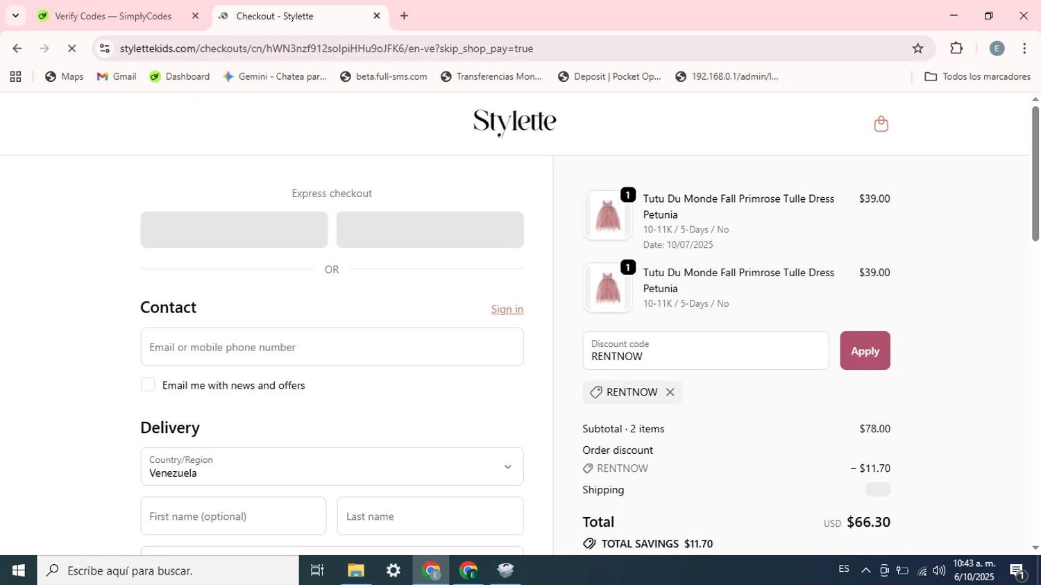 Stylette promo code screenshot showing code RENTNOW applied at Stylette checkout page. Uploaded by SimplyCodes community member Esteban on Oct 6, 2025