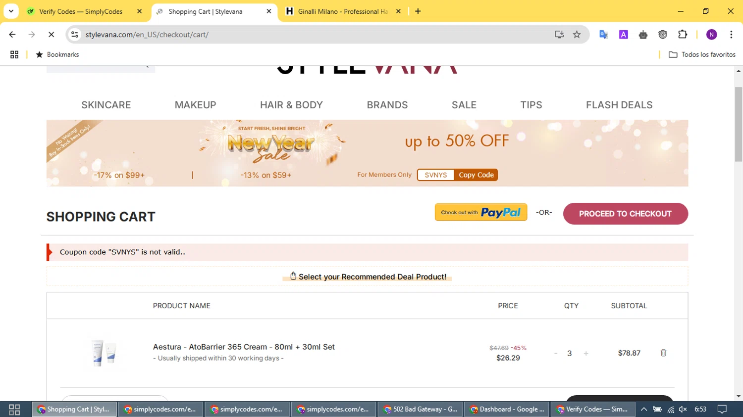 Stylevana coupon code screenshot showing code SVNYS applied at Stylevana checkout page. Uploaded by SimplyCodes community member CleverCurator2158 on Jan 5, 2025