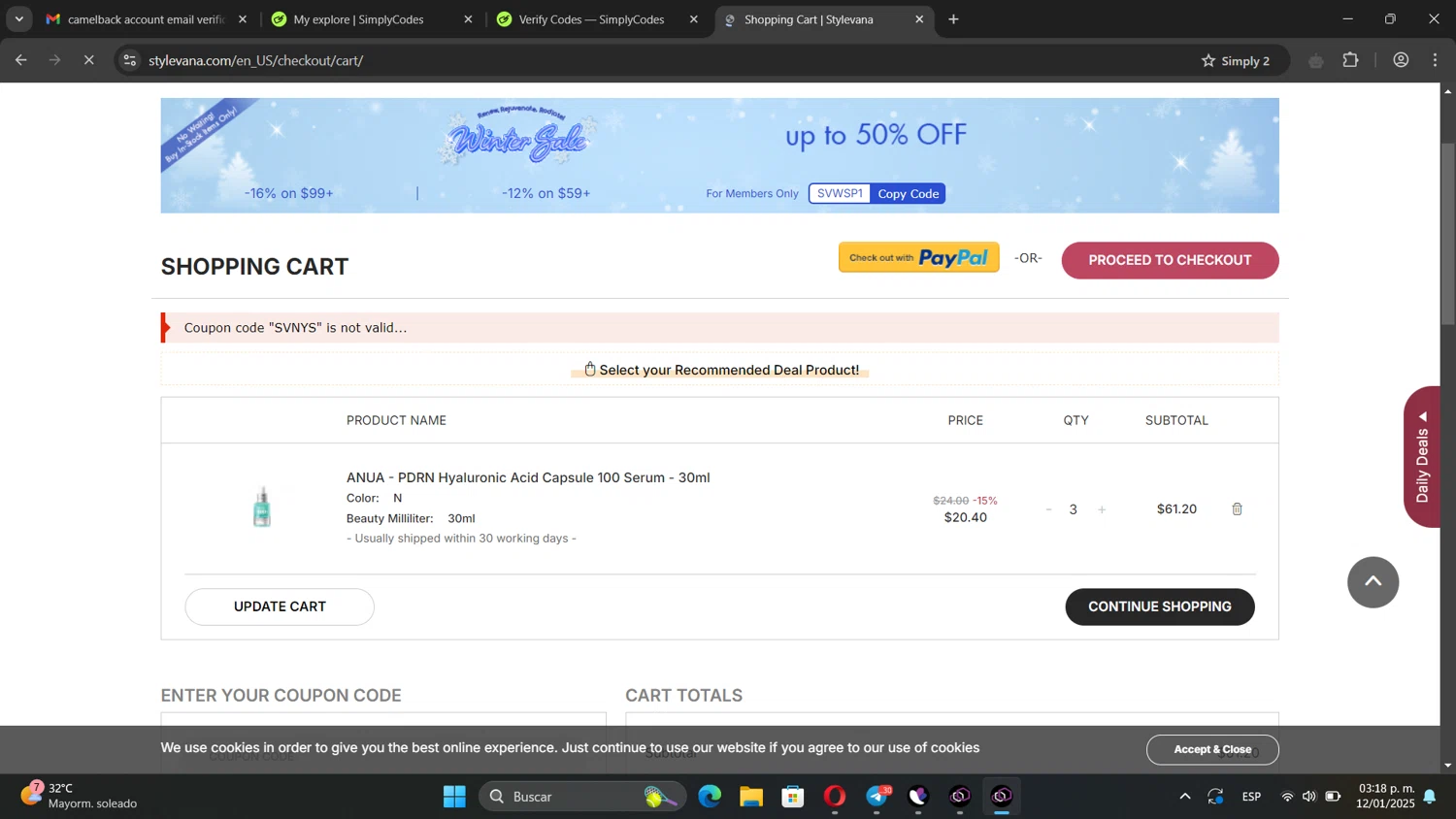 Stylevana coupon code screenshot showing code SVNYS applied at Stylevana checkout page. Uploaded by SimplyCodes community member TreasureNavigator332 on Jan 12, 2025
