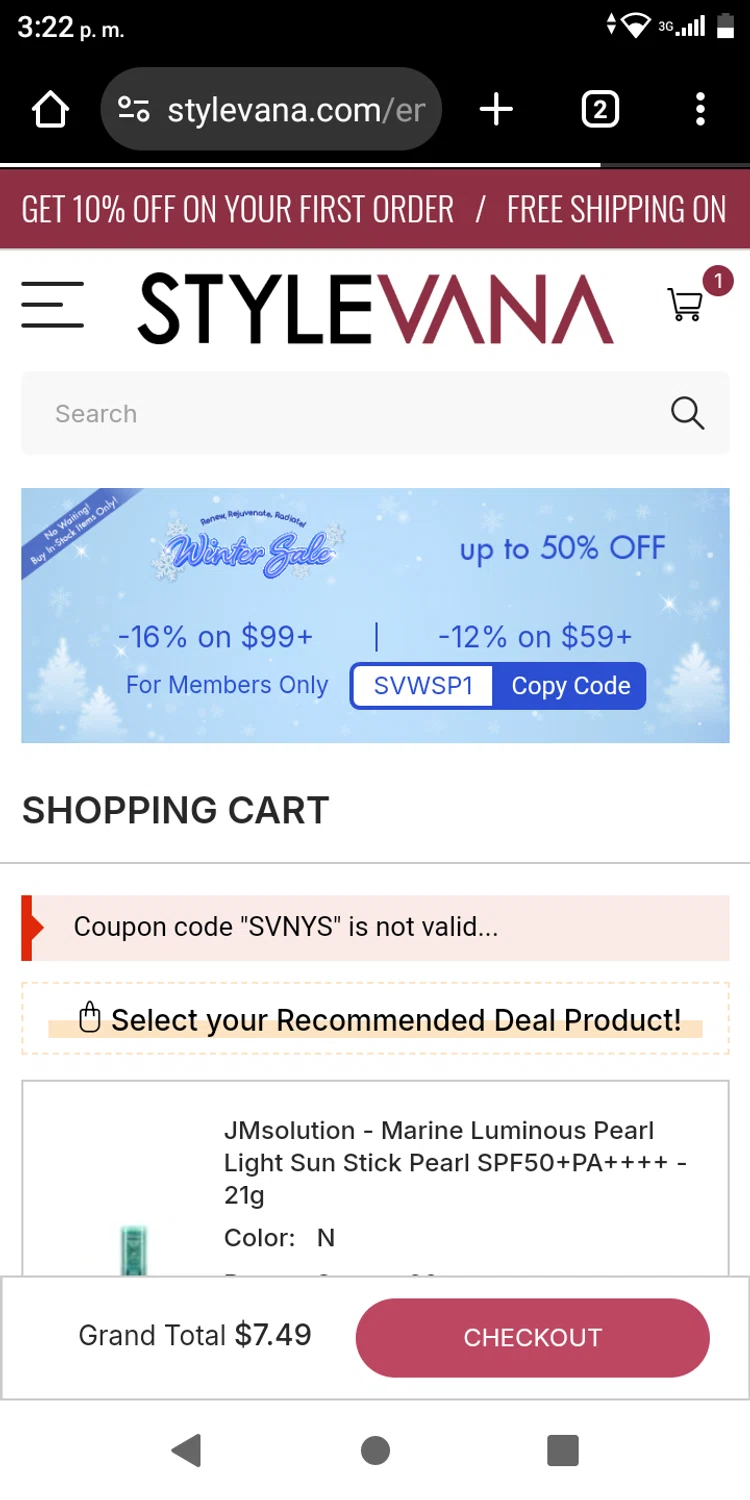 Stylevana coupon code screenshot showing code SVNYS applied at Stylevana checkout page. Uploaded by SimplyCodes community member franksanchez on Jan 12, 2025