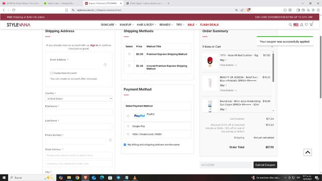 Stylevana checkout page showing Stylevana coupon code box | Screenshot taken by SimplyCodes community member on Sep 10, 2025