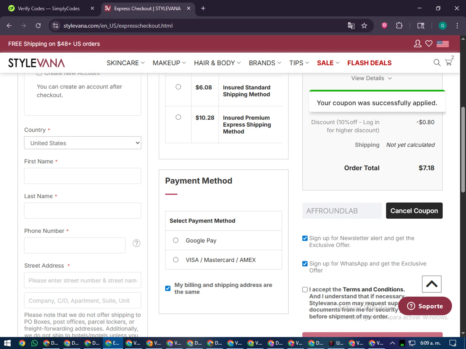 Stylevana coupon code screenshot showing code AFFROUNDLAB applied at Stylevana checkout page. Uploaded by SimplyCodes community member PennyFinder5759 on Jan 6, 2026
