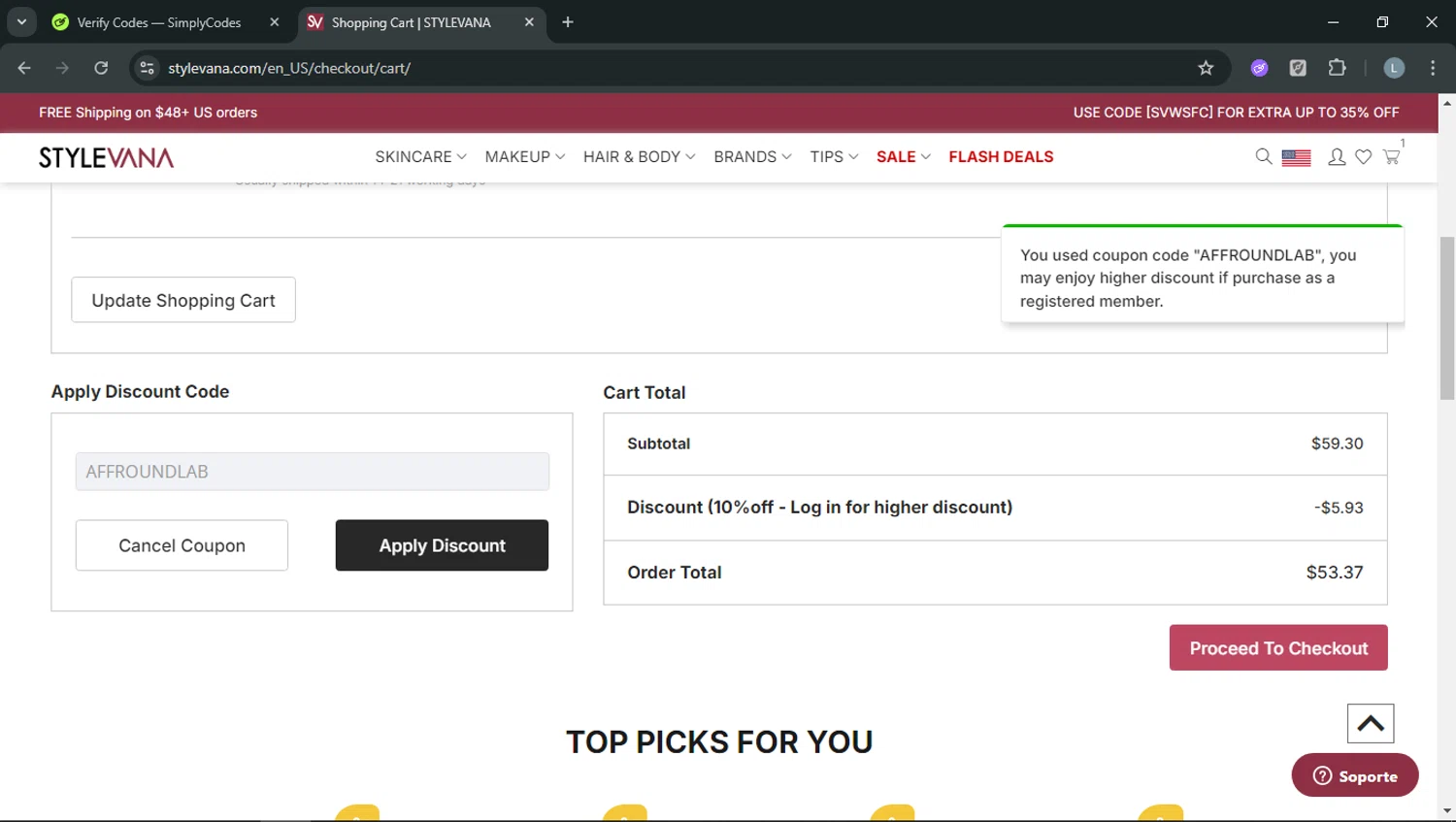 Stylevana coupon code screenshot showing code AFFROUNDLAB applied at Stylevana checkout page. Uploaded by SimplyCodes community member RoyalOwl5790 on Jan 28, 2026