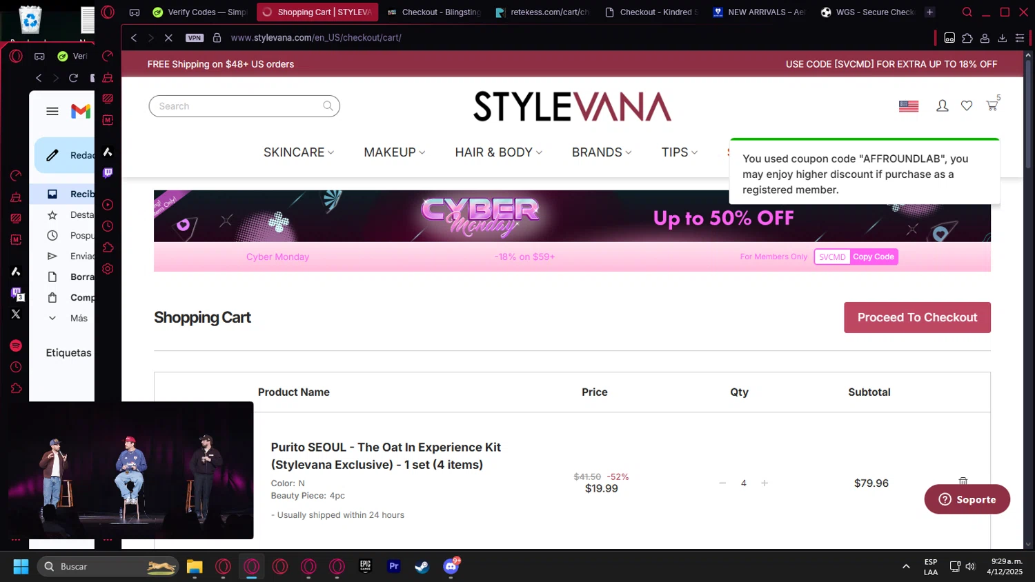 Stylevana coupon code screenshot showing code AFFROUNDLAB applied at Stylevana checkout page. Uploaded by SimplyCodes community member leonardocamacho2 on Dec 4, 2025