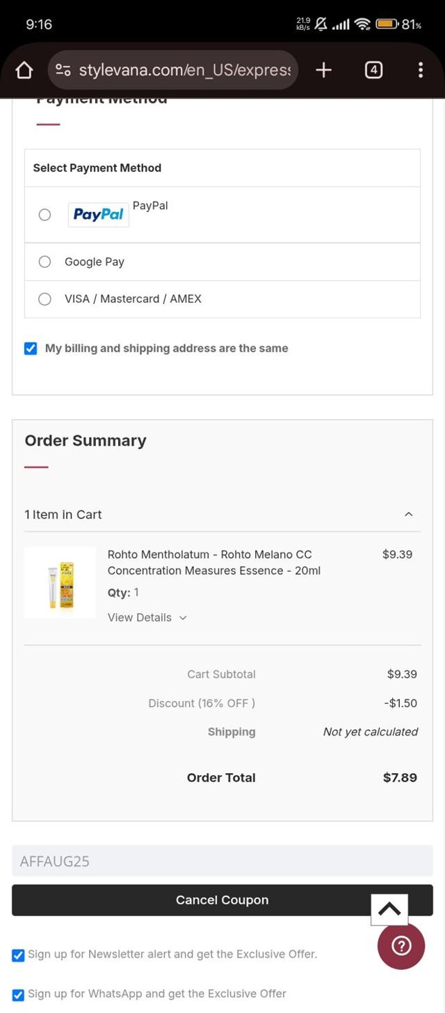 Stylevana checkout page showing Stylevana coupon code box | Screenshot taken by SimplyCodes community member on Sep 4, 2025