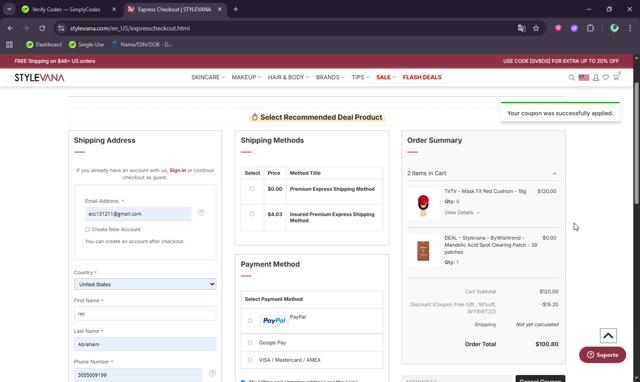 Stylevana checkout page showing Stylevana coupon code box | Screenshot taken by SimplyCodes community member on Oct 6, 2025