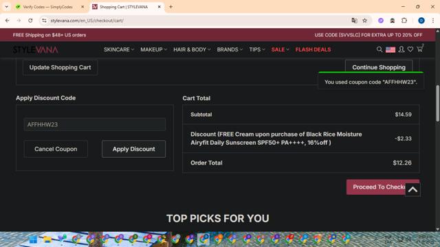 Stylevana checkout page showing Stylevana coupon code box | Screenshot taken by SimplyCodes community member on Sep 27, 2025