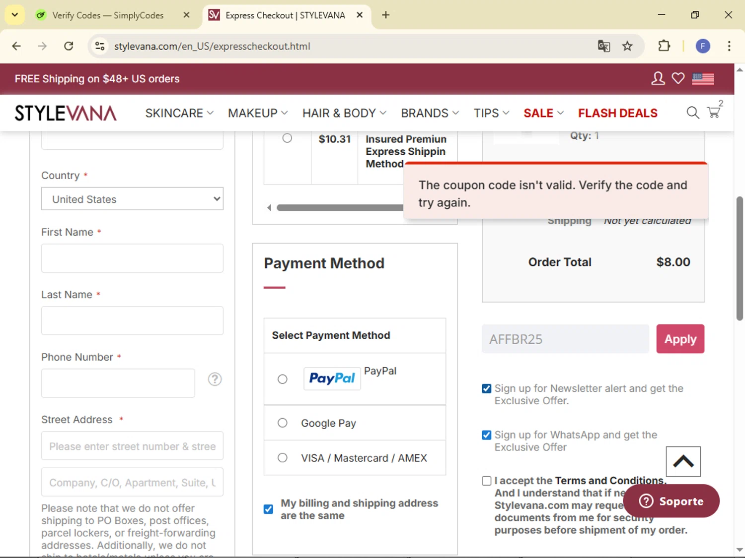 Stylevana coupon code screenshot showing code AFFBR25 applied at Stylevana checkout page. Uploaded by SimplyCodes community member 123exss on Jan 2, 2026