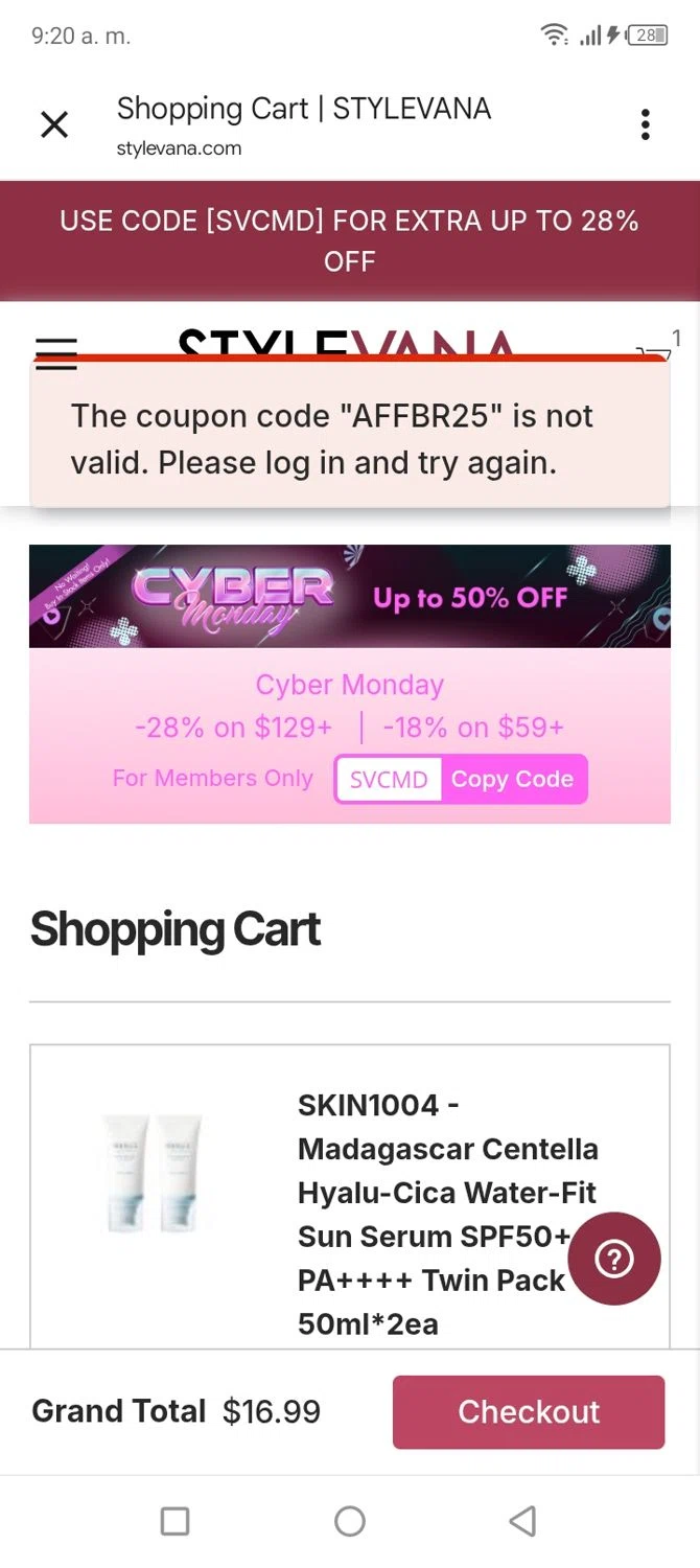 Stylevana coupon code screenshot showing code AFFBR25 applied at Stylevana checkout page. Uploaded by SimplyCodes community member tumiedo on Dec 2, 2025