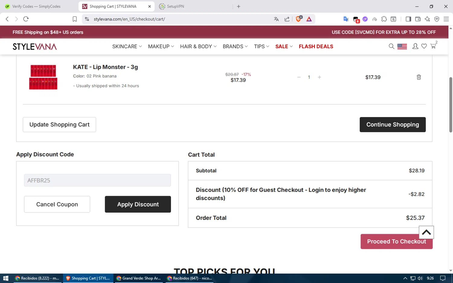 Stylevana coupon code screenshot showing code AFFBR25 applied at Stylevana checkout page. Uploaded by SimplyCodes community member usuario500 on Dec 2, 2025