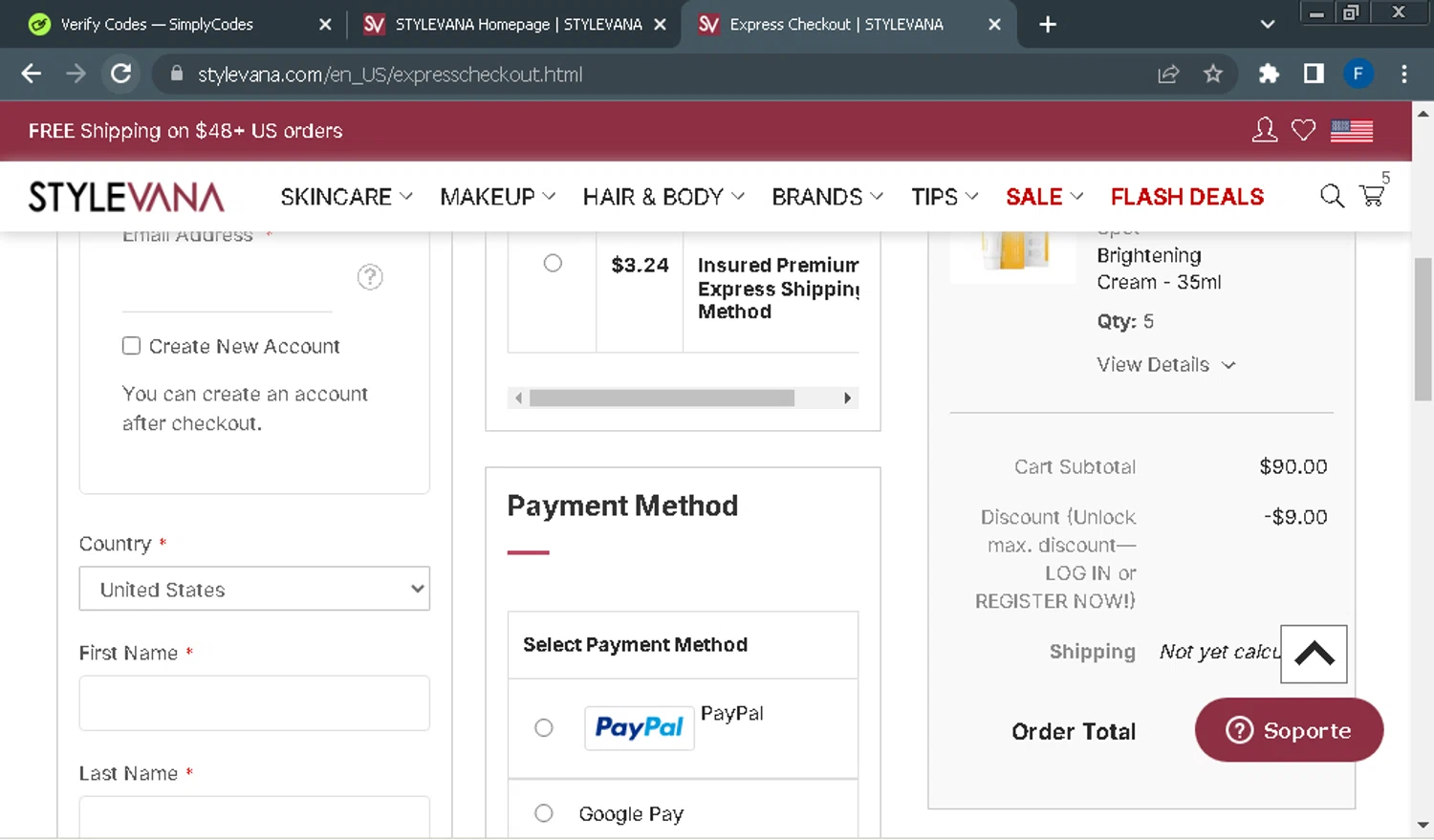 Stylevana coupon code screenshot showing code AFFSINGLE25 applied at Stylevana checkout page. Uploaded by SimplyCodes community member Fraimer on Dec 22, 2025