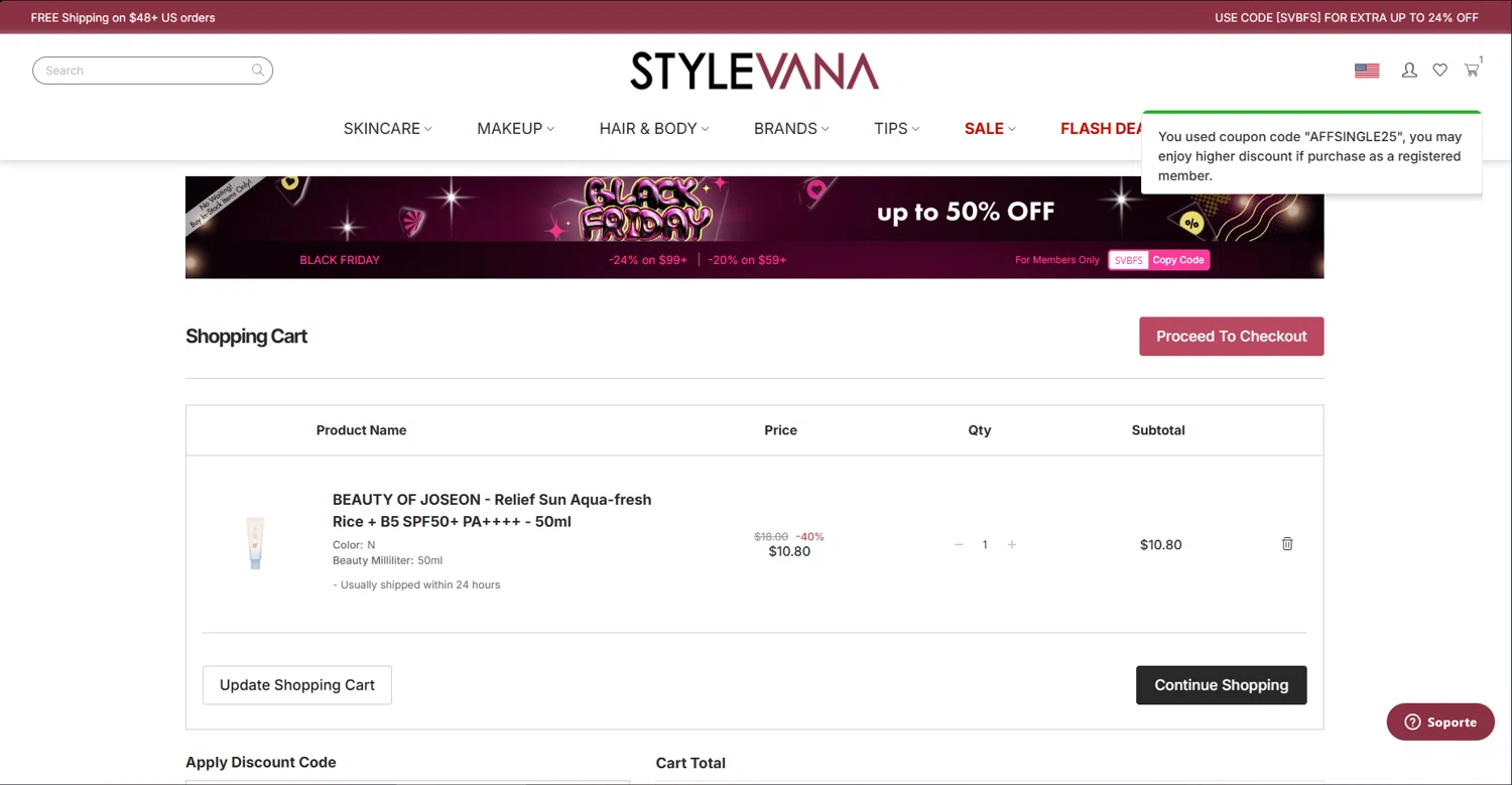 Stylevana coupon code screenshot showing code AFFSINGLE25 applied at Stylevana checkout page. Uploaded by SimplyCodes community member STEVE20 on Nov 30, 2025