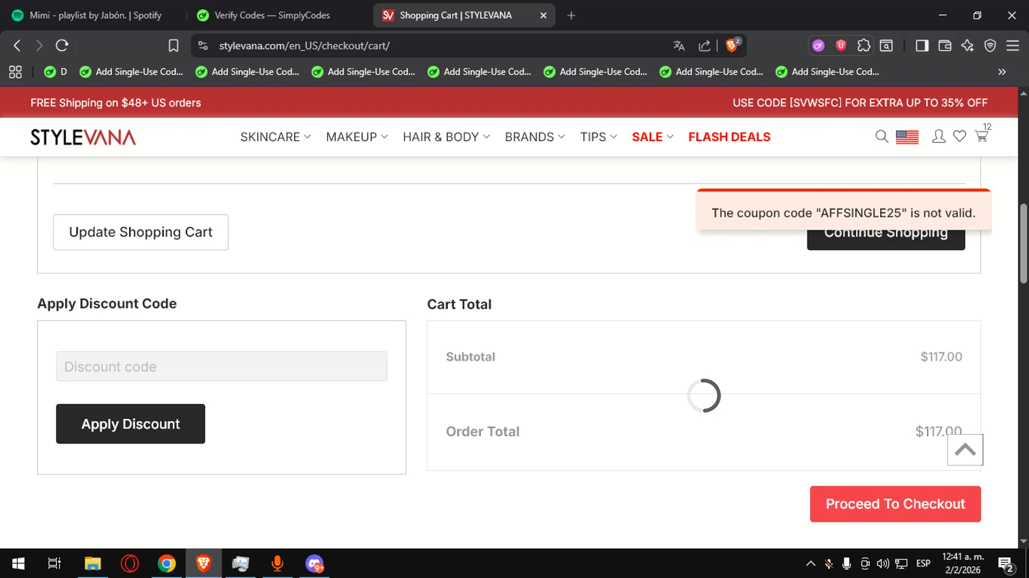 Stylevana coupon code screenshot showing code AFFSINGLE25 applied at Stylevana checkout page. Uploaded by SimplyCodes community member Ultrapapu on Feb 2, 2026