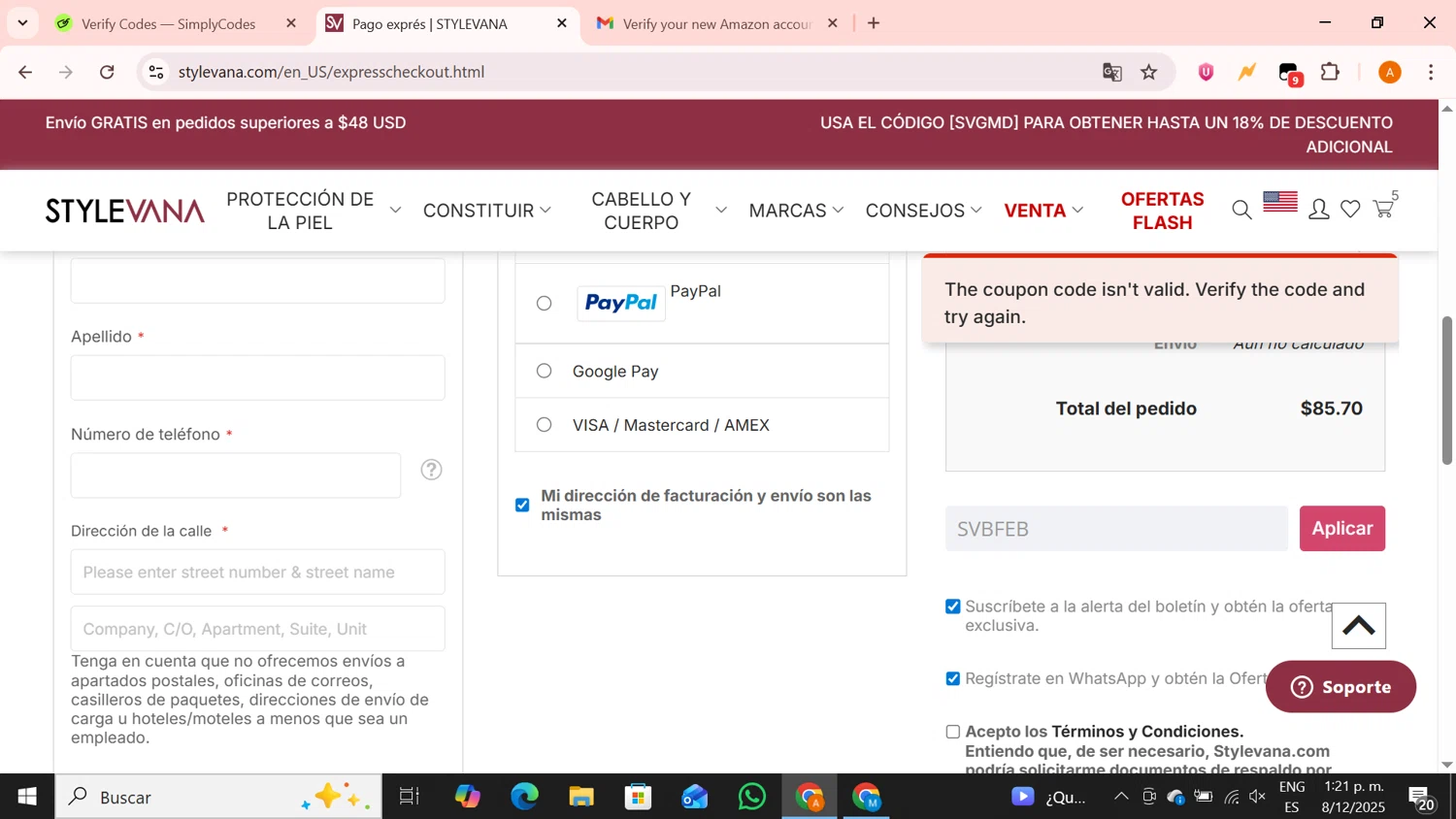 Stylevana coupon code screenshot showing code SVBFEB applied at Stylevana checkout page. Uploaded by SimplyCodes community member BrilliantPro4121 on Dec 8, 2025