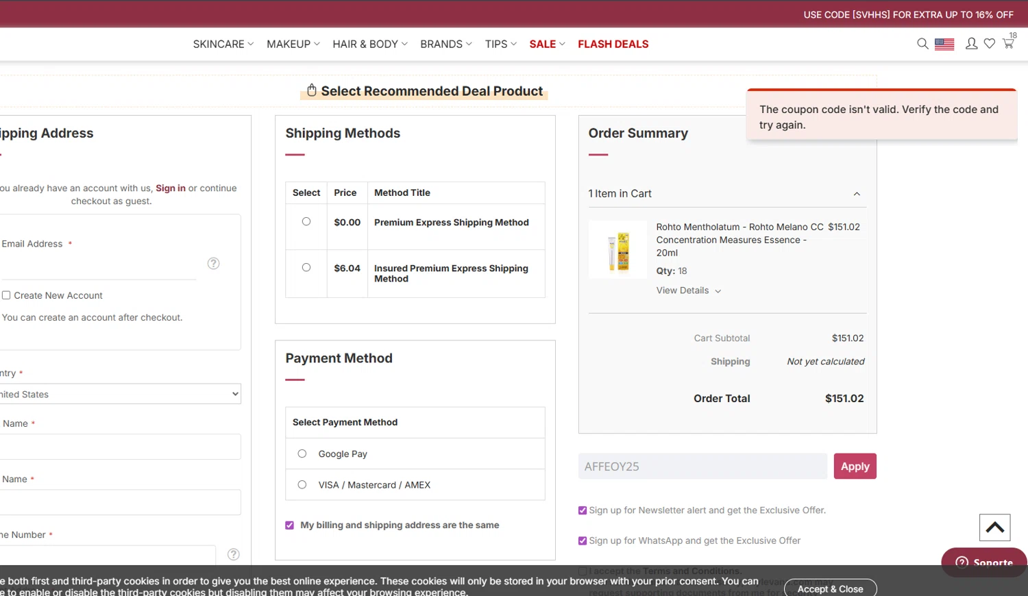 Stylevana coupon code screenshot showing code AFFEOY25 applied at Stylevana checkout page. Uploaded by SimplyCodes community member LaCebolla on Dec 24, 2025