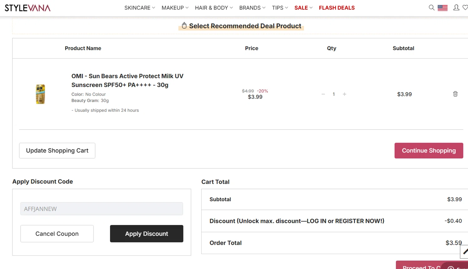 Stylevana checkout page showing Stylevana coupon code box | Screenshot taken by SimplyCodes community member on Jan 12, 2026