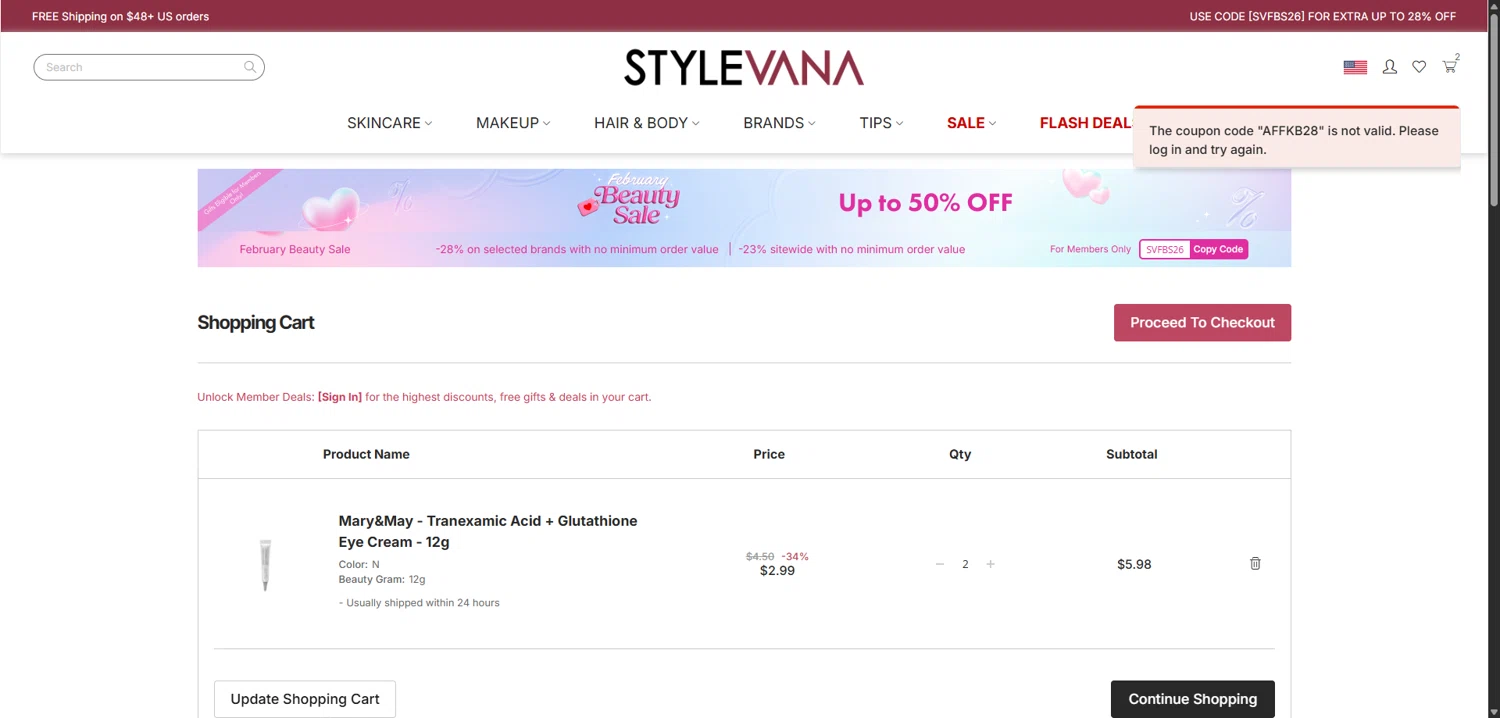 Stylevana coupon code screenshot showing code AFFKB28 applied at Stylevana checkout page. Uploaded by SimplyCodes community member TokenFalcon7462 on Feb 25, 2026