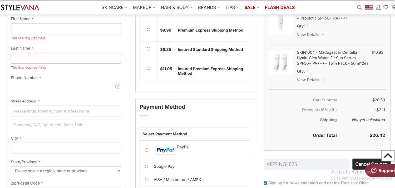 Stylevana coupon code screenshot showing code AFFSINGLE25 applied at Stylevana checkout page. Uploaded by SimplyCodes community member Lioniel on Nov 10, 2025