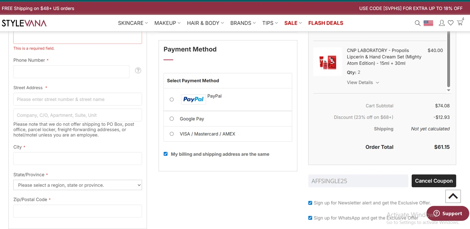 Stylevana coupon code screenshot showing code AFFEOY25 applied at Stylevana checkout page. Uploaded by SimplyCodes community member Lioniel on Dec 11, 2025