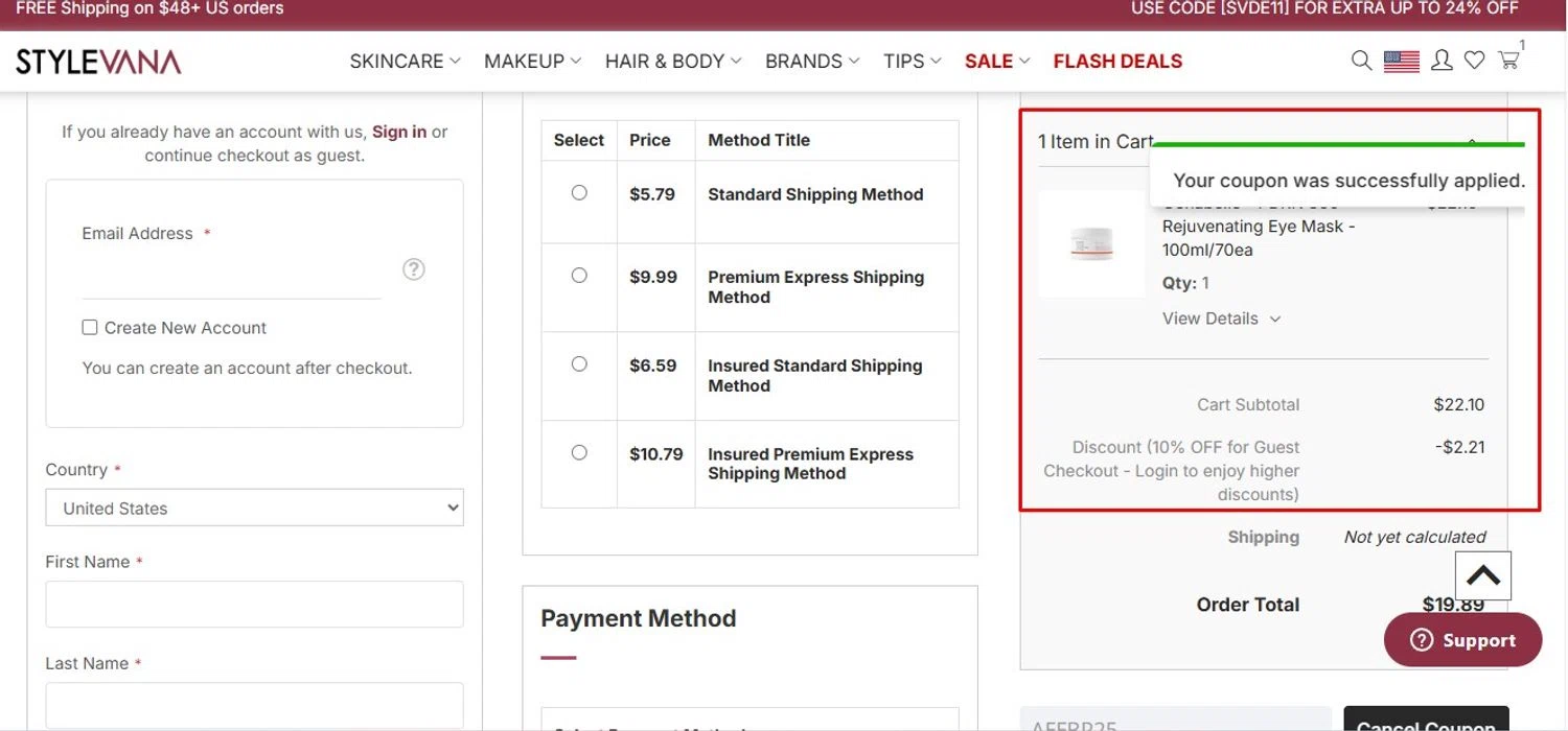 Stylevana coupon code screenshot showing code AFFBR25 applied at Stylevana checkout page. Uploaded by SimplyCodes community member Swiftdealz on Nov 10, 2025