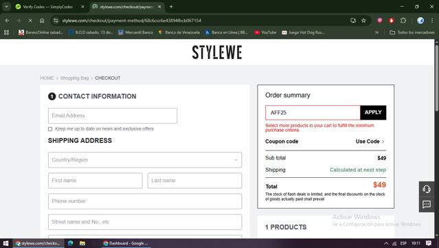 StyleWe checkout page showing StyleWe coupon code box | Screenshot taken by SimplyCodes community member on Sep 14, 2025