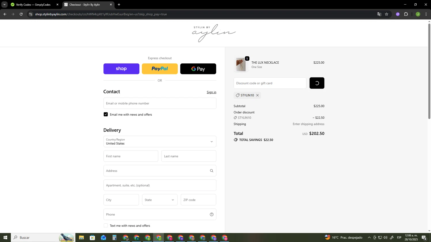 Stylin by Aylin promo code screenshot showing code STYLIN10 applied at Stylin by Aylin checkout page. Uploaded by SimplyCodes community member SAIKOO on Oct 28, 2025