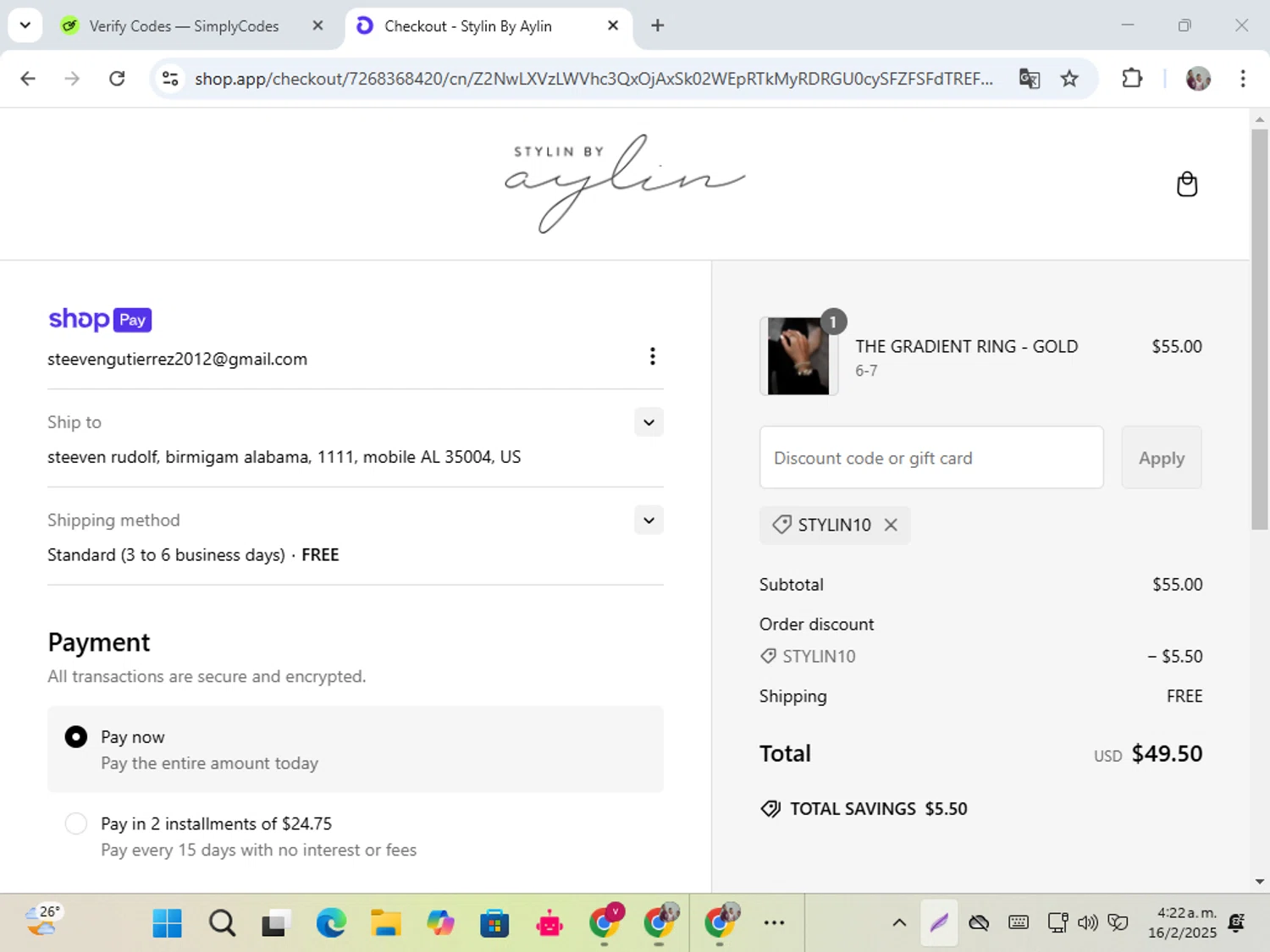 Stylin by Aylin promo code screenshot showing code STYLIN10 applied at Stylin by Aylin checkout page. Uploaded by SimplyCodes community member karolg on Feb 16, 2025
