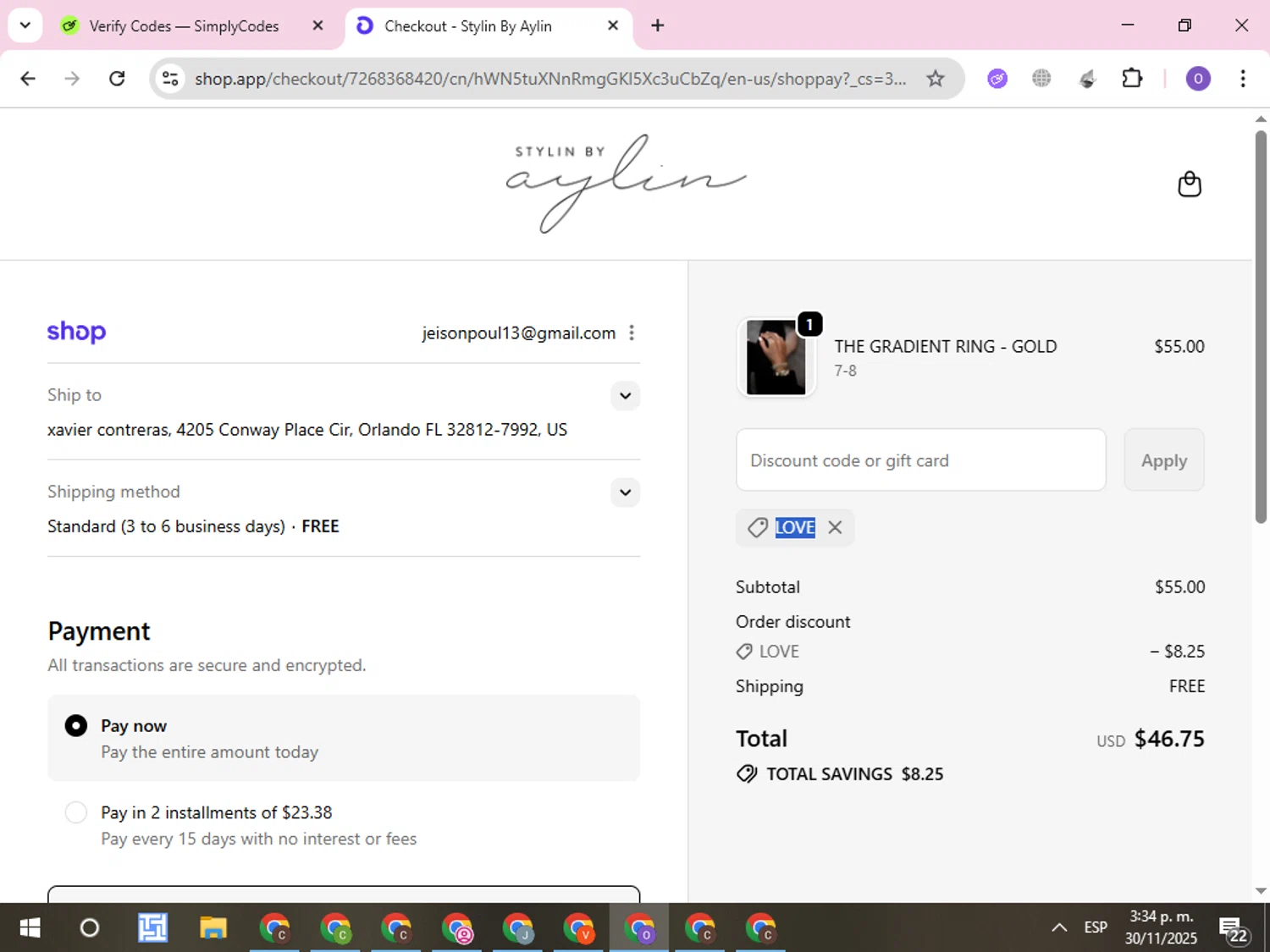 Stylin by Aylin promo code screenshot showing code LOVE applied at Stylin by Aylin checkout page. Uploaded by SimplyCodes community member CleverLynx8245 on Nov 30, 2025