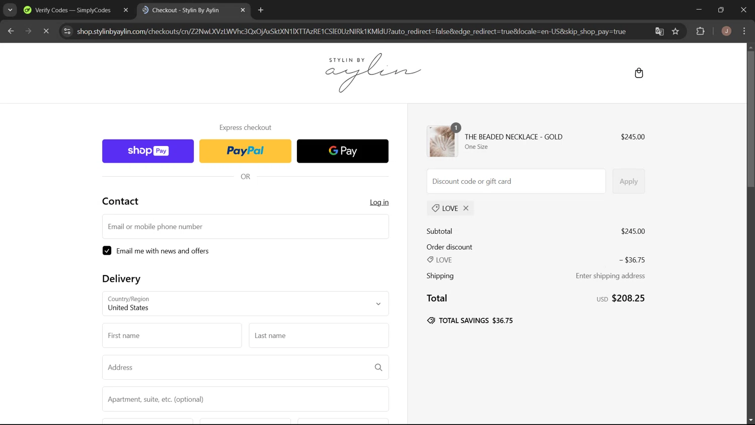 Stylin by Aylin promo code screenshot showing code LOVE applied at Stylin by Aylin checkout page. Uploaded by SimplyCodes community member WisePro3955 on Feb 12, 2025