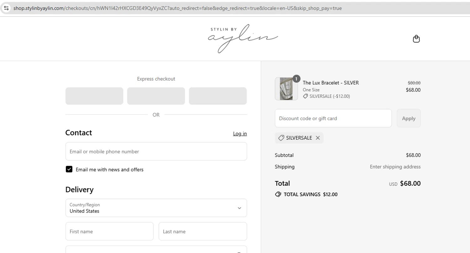 Stylin by Aylin promo code screenshot showing code SILVERSALE applied at Stylin by Aylin checkout page. Uploaded by SimplyCodes community member YHLQMDLGN on Aug 1, 2025