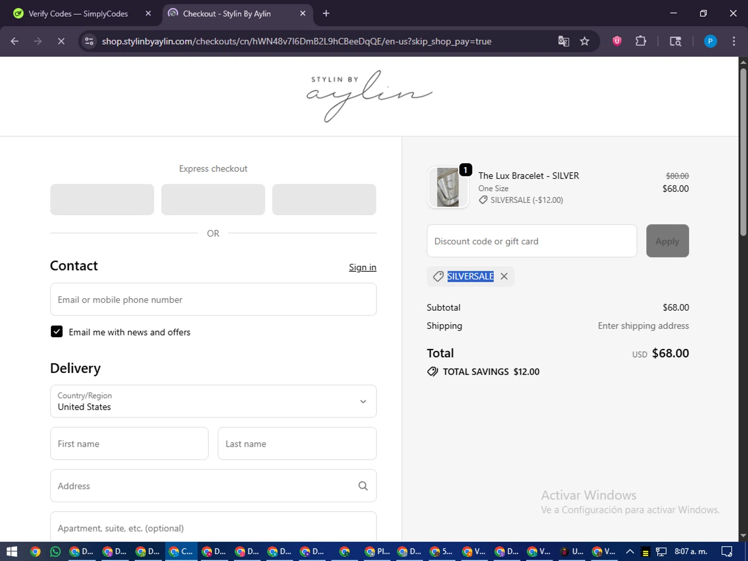 Stylin by Aylin promo code screenshot showing code SILVERSALE applied at Stylin by Aylin checkout page. Uploaded by SimplyCodes community member juiceWRLD on Oct 15, 2025