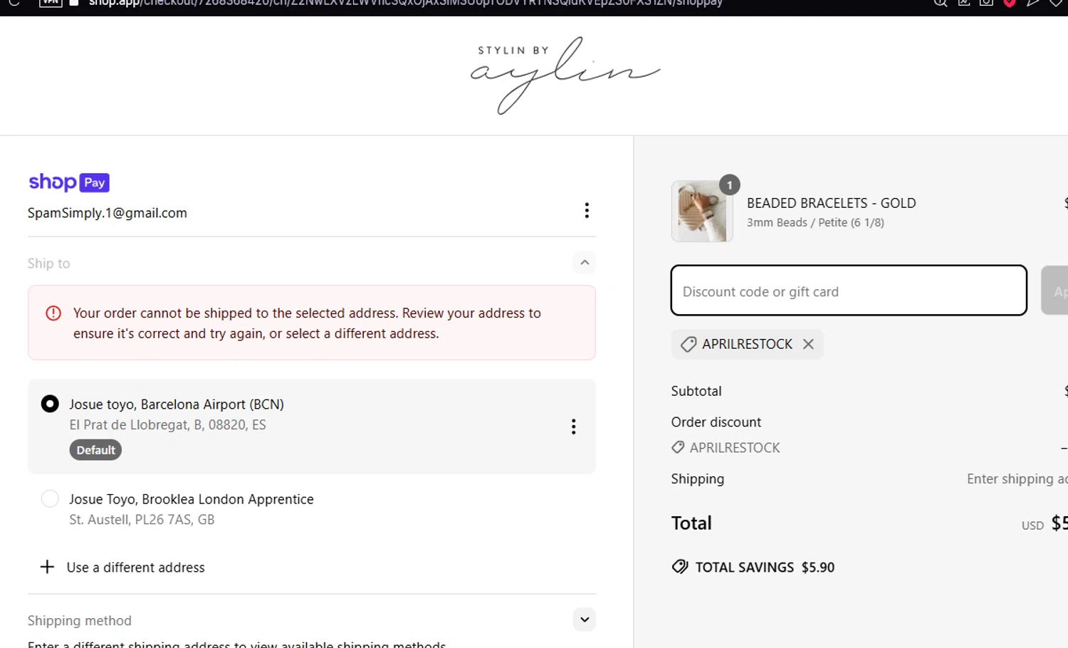 Stylin by Aylin promo code screenshot showing code APRILRESTOCK applied at Stylin by Aylin checkout page. Uploaded by SimplyCodes community member THEBANANA on Apr 19, 2025