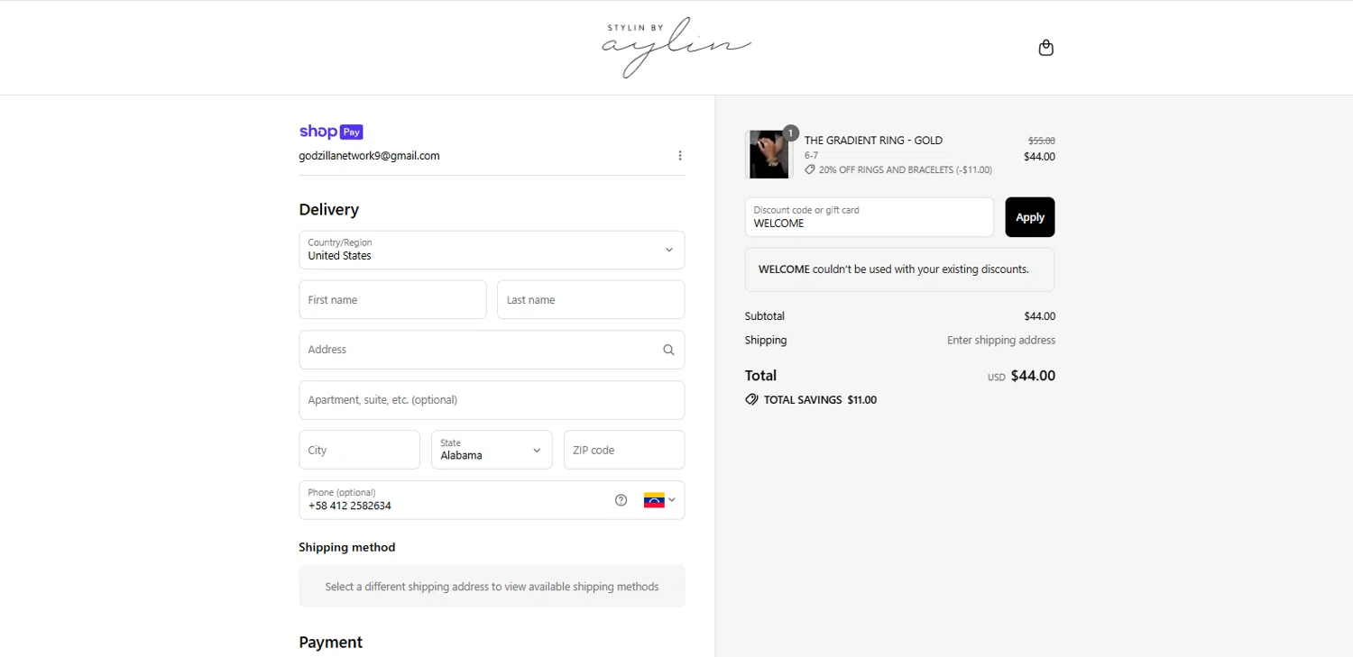 Stylin by Aylin promo code screenshot showing code WELCOME applied at Stylin by Aylin checkout page. Uploaded by SimplyCodes community member dimitriv on Jul 15, 2025