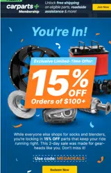 Carparts JC Whitney coupon verification screenshot