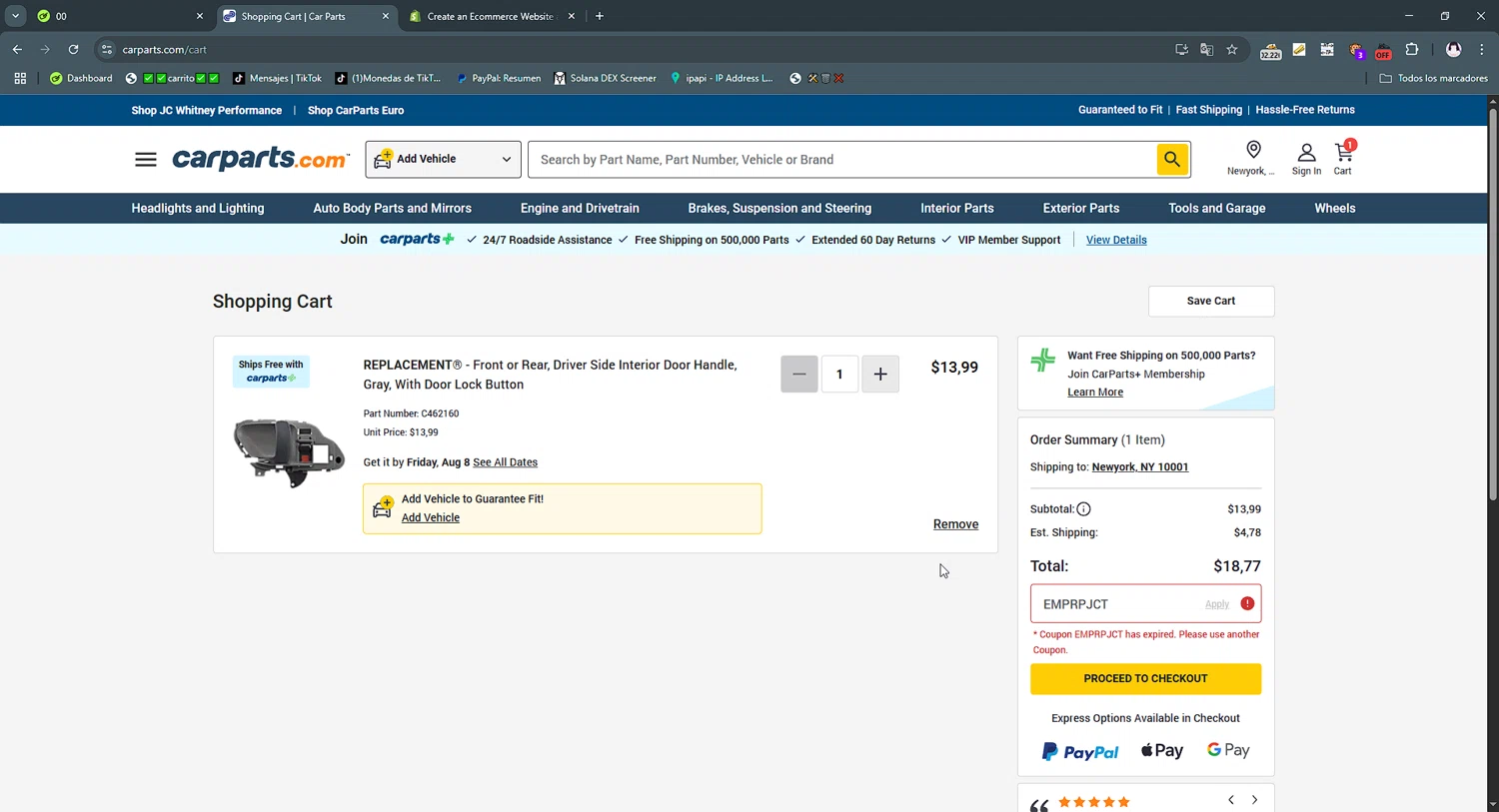 Carparts JC Whitney checkout page showing Carparts JC Whitney promo code box | Screenshot taken by SimplyCodes community member on Aug 5, 2025