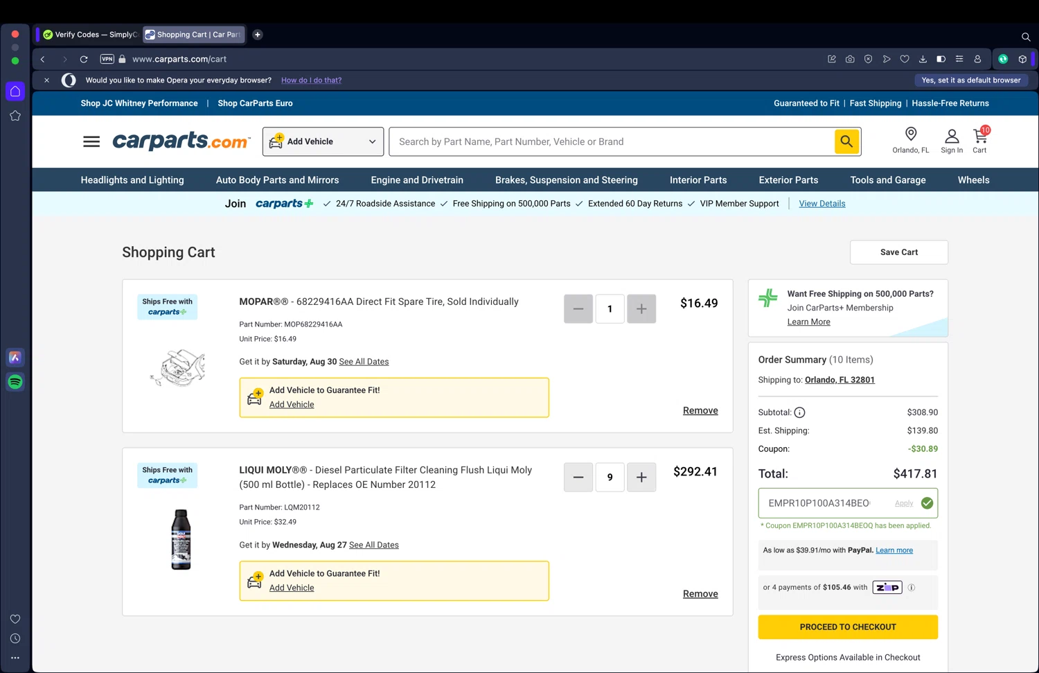 Carparts JC Whitney checkout page showing Carparts JC Whitney promo code box | Screenshot taken by SimplyCodes community member on Aug 22, 2025
