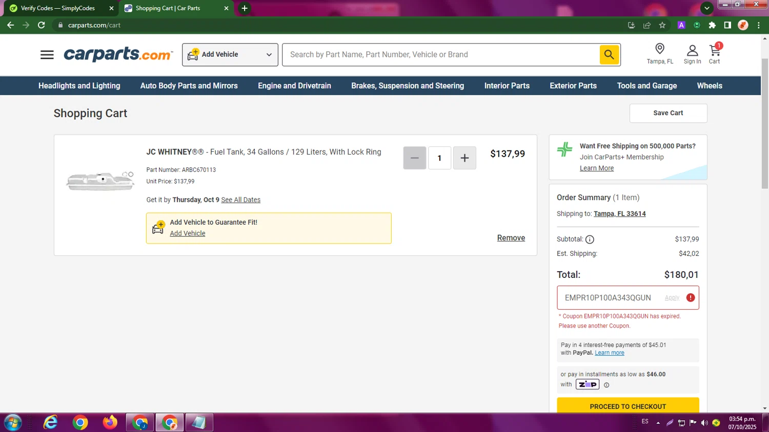 Carparts JC Whitney promo code screenshot showing code EMPR10P100A343QGUN applied at Carparts JC Whitney checkout page. Uploaded by SimplyCodes community member LegendaryBoss7060 on Oct 7, 2025