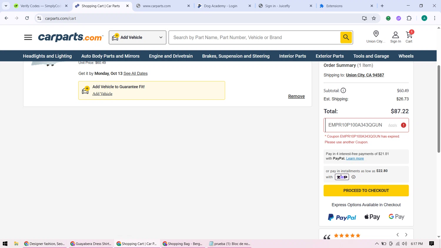 Carparts JC Whitney promo code screenshot showing code EMPR10P100A343QGUN applied at Carparts JC Whitney checkout page. Uploaded by SimplyCodes community member ShieldHunter3846 on Oct 7, 2025